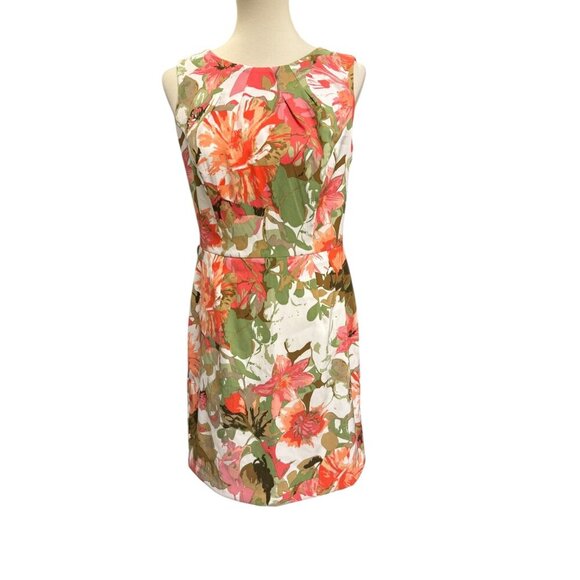 Dressbarn Coral Green Floral Sheath Dress – Size 10, Sleeveless, Pleated Neck - Picture 1 of 10